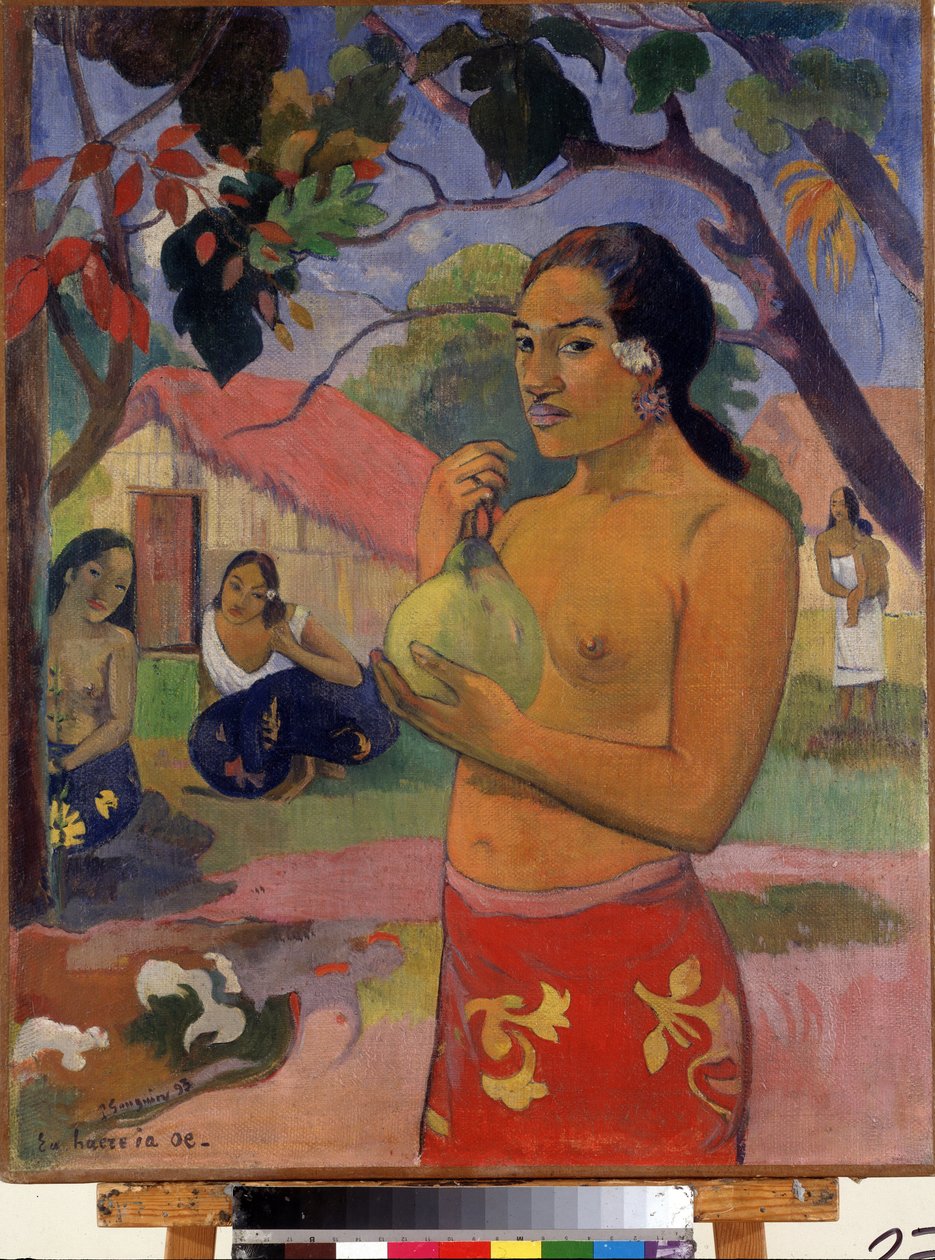 ""Eu haere ia oe"" Hová mész? (Woman Holding a Fruit. Merre jársz?) (Tahiti nő kezében egy gyümölcs) Paul Gauguin (1848-1903) festménye. Olajfestmény. Posztimpresszionizmus. 1893. Méret: 92 x 73 cm Ermitázs Múzeum, Szentpétervár (Szentpétervár alkotó: Paul Gauguin