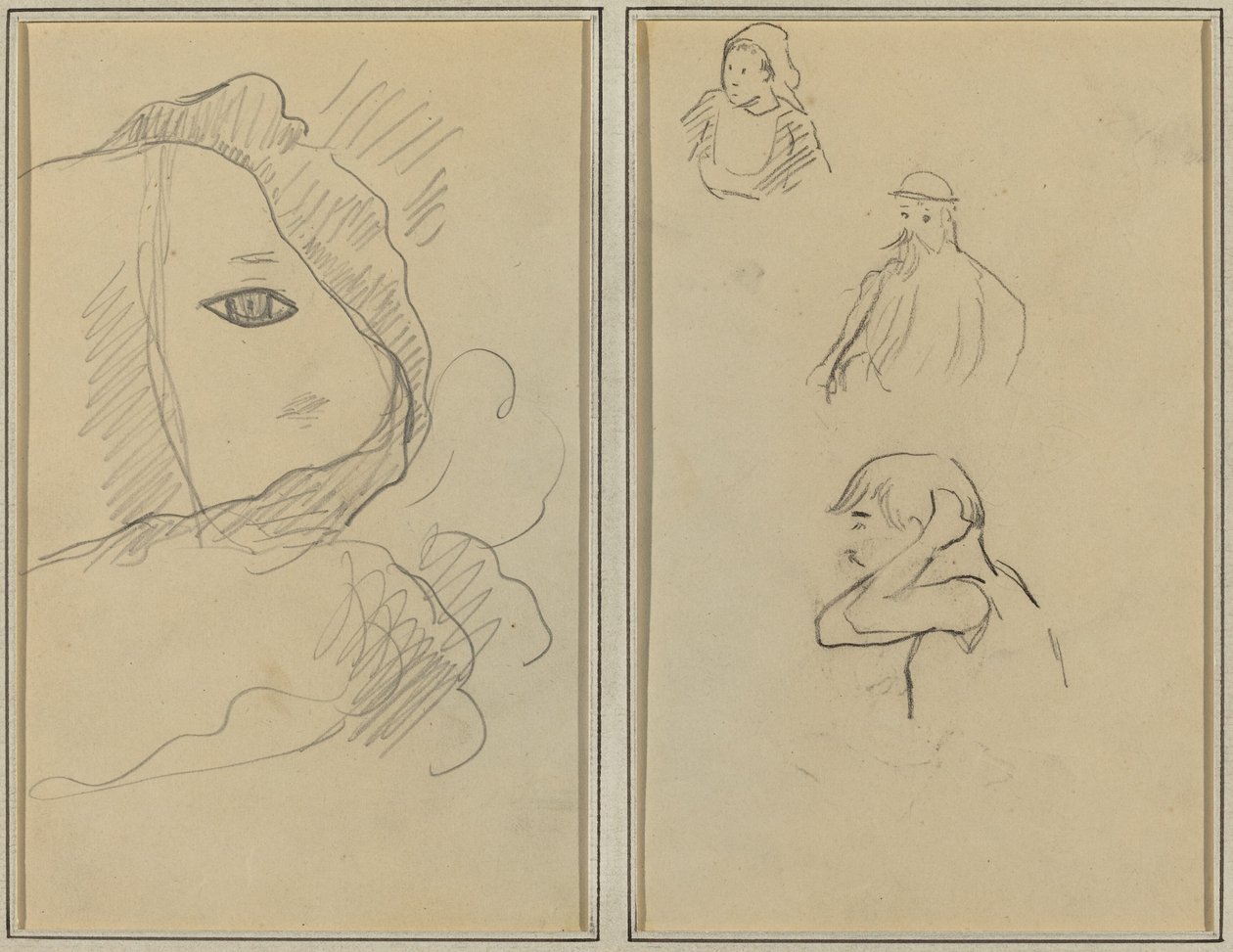 Szem és arcrész; Egy breton nő és két férfi [recto] alkotó: Paul Gauguin