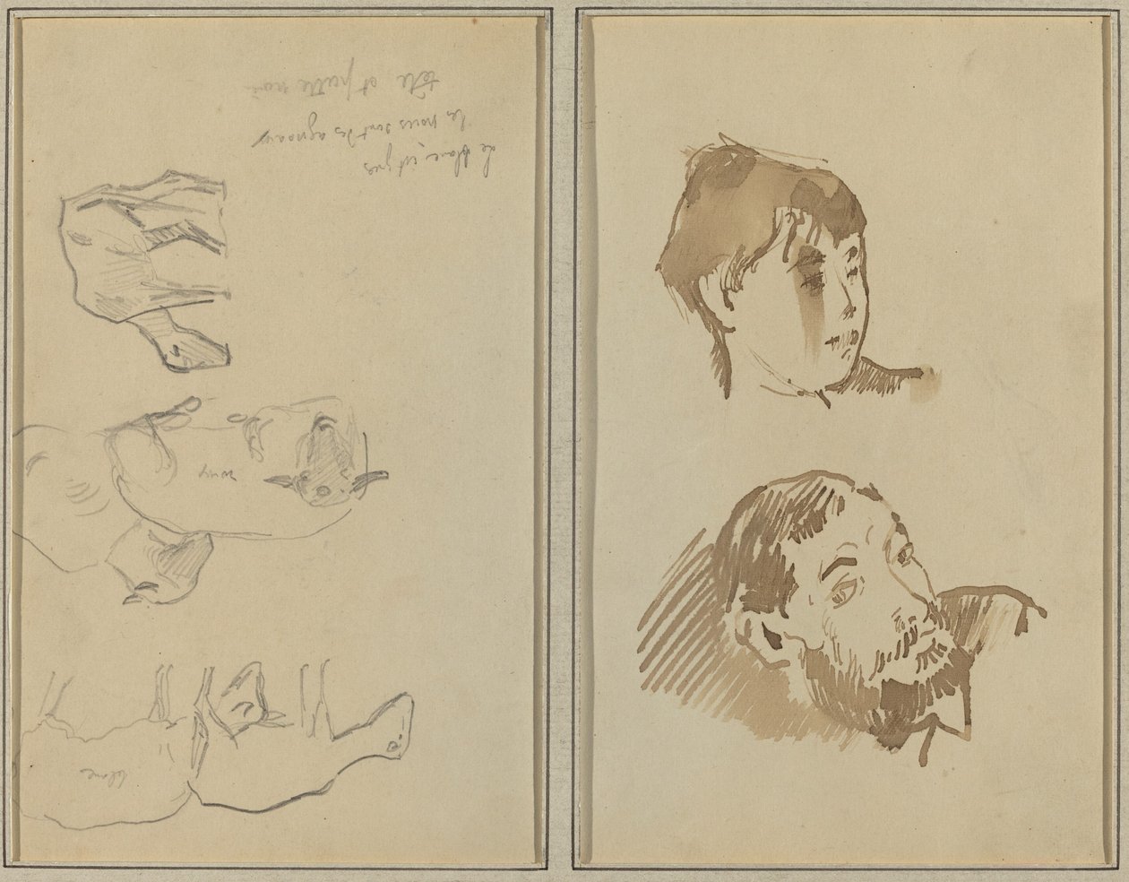 Öt bárány; Egy nő feje és egy szakállas férfi feje [recto] alkotó: Paul Gauguin