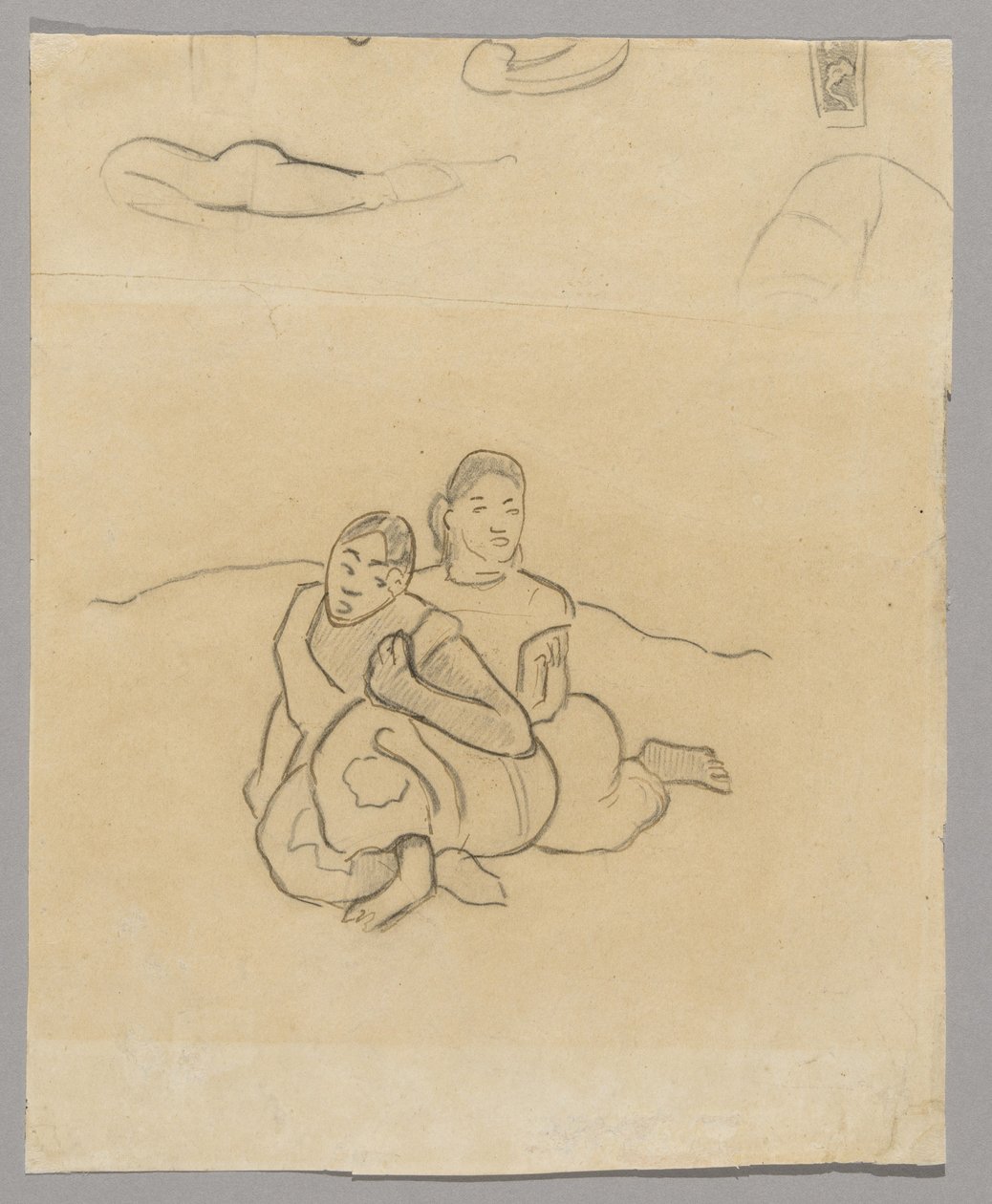 Testtöredékek, dekoratív dizájn és két guggoló tahiti nő a Nafea Faaipoipohoz kapcsolódó tájon alkotó: Paul Gauguin