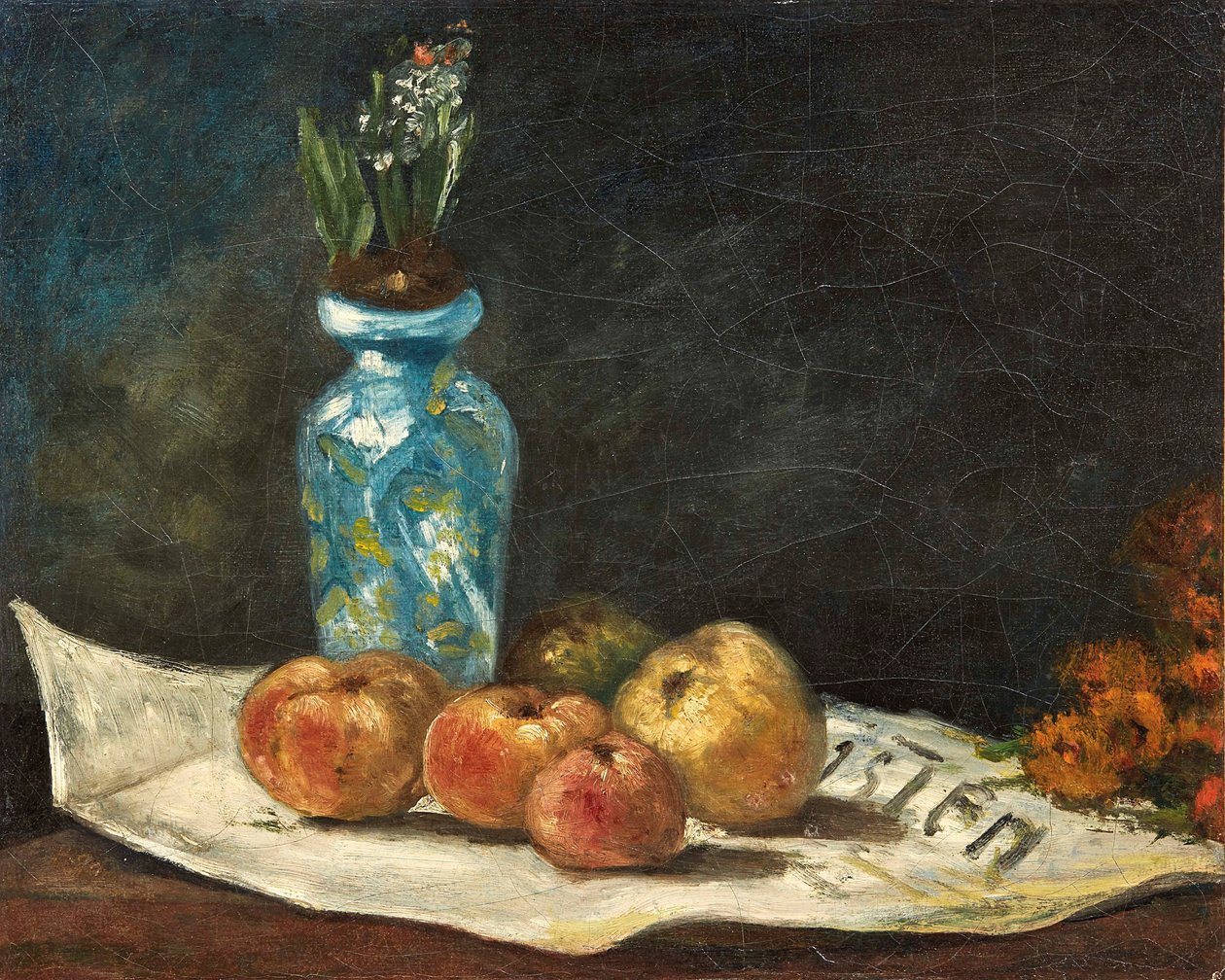 Franciául:  Jacinthe et pommes sur un journal Jácint és alma egy újságon alkotó: Paul Gauguin
