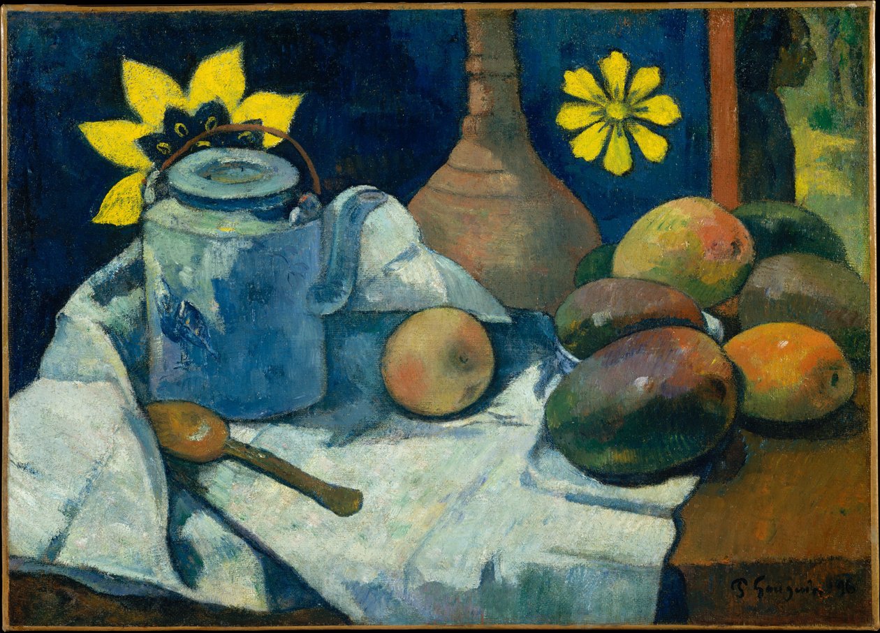 Franciául:  Teáskanna és gyümölcsök Csendélet teáskannával és gyümölccsel alkotó: Paul Gauguin