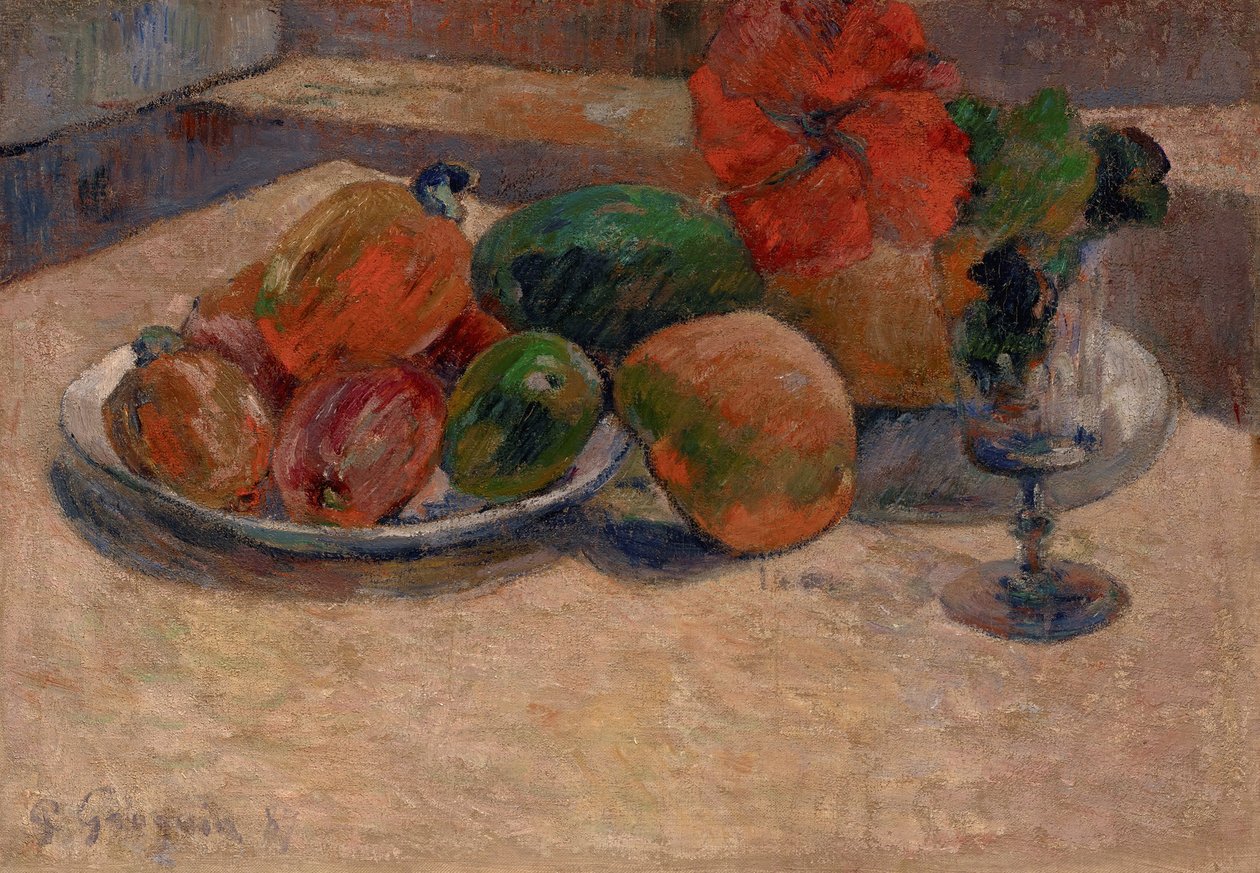 Franciául:  Hibiszkuszvirág: Nature morte aux mangos et à la fleur d