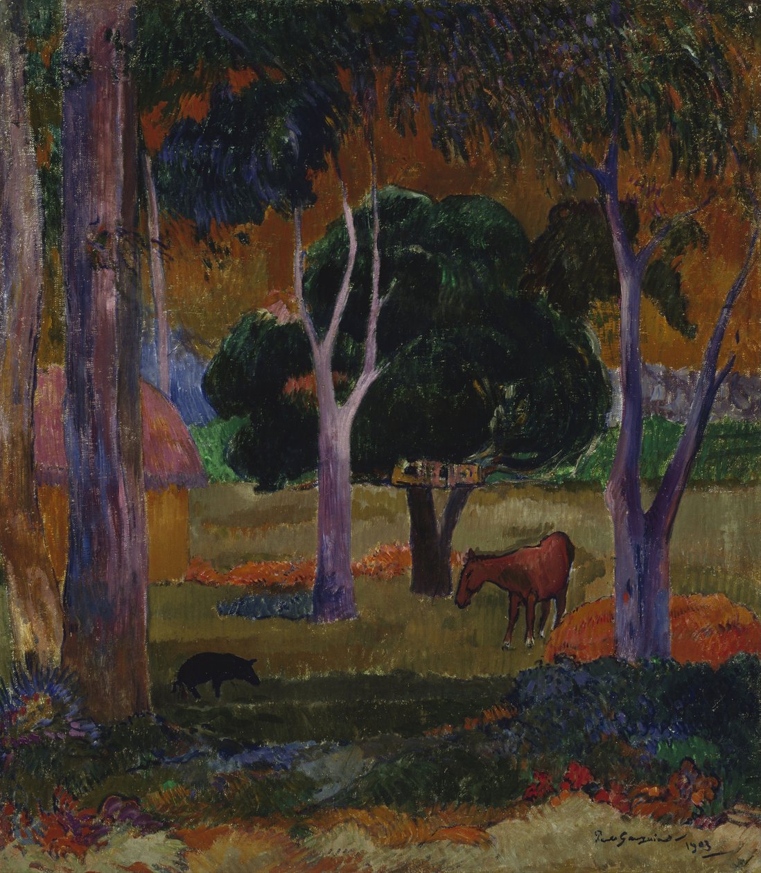 Hiva Oa táj disznóval és lóval alkotó: Paul Gauguin