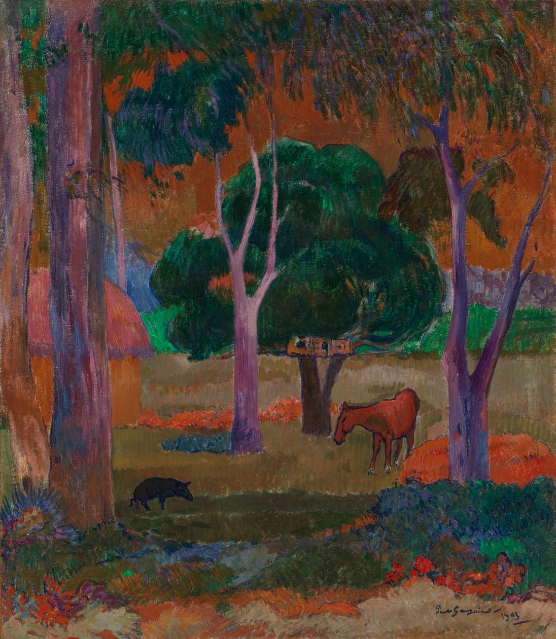 Tájkép disznóval és lóval (Hiva Oa) alkotó: Paul Gauguin