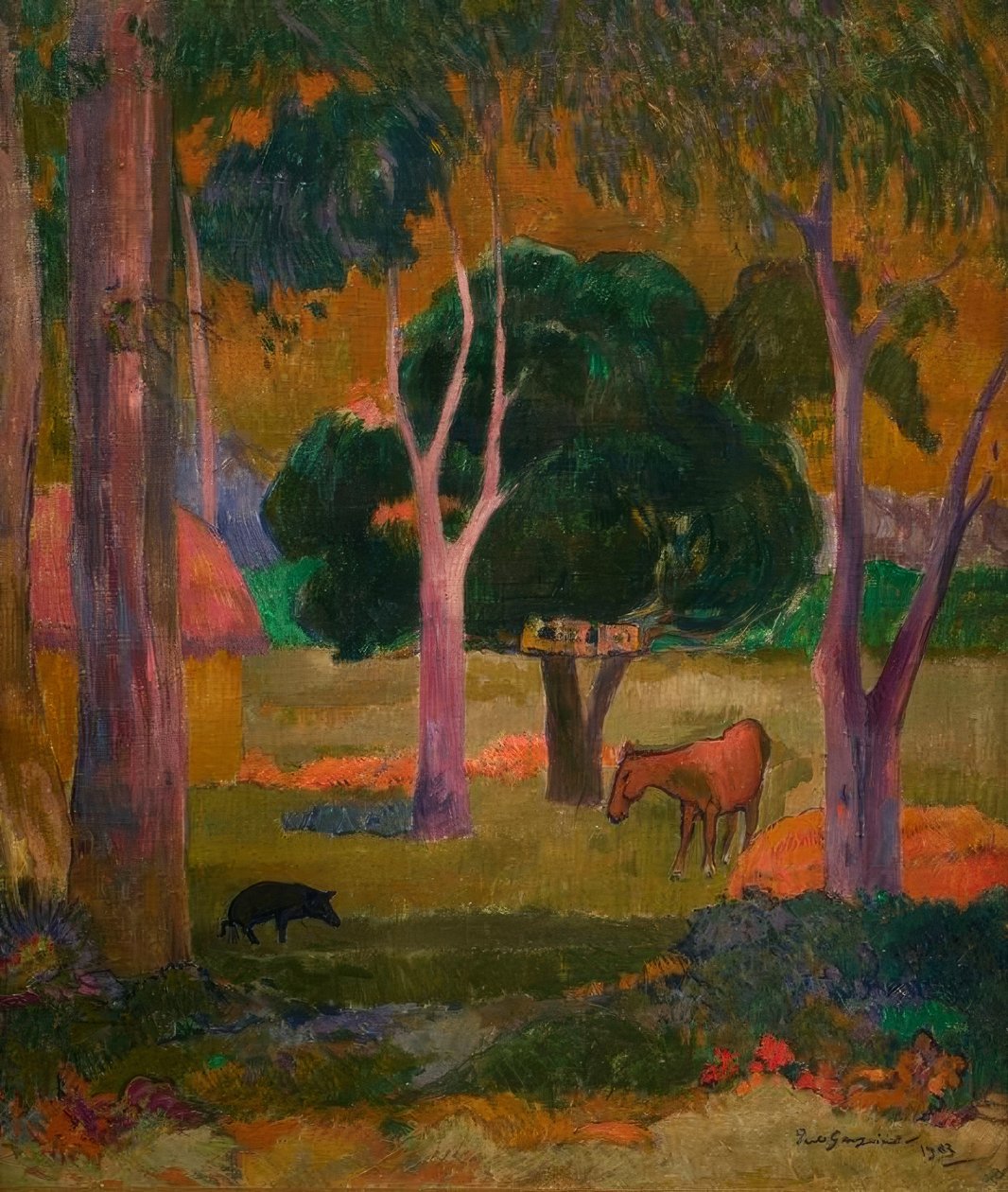 Táj disznóval és lóval alkotó: Paul Gauguin
