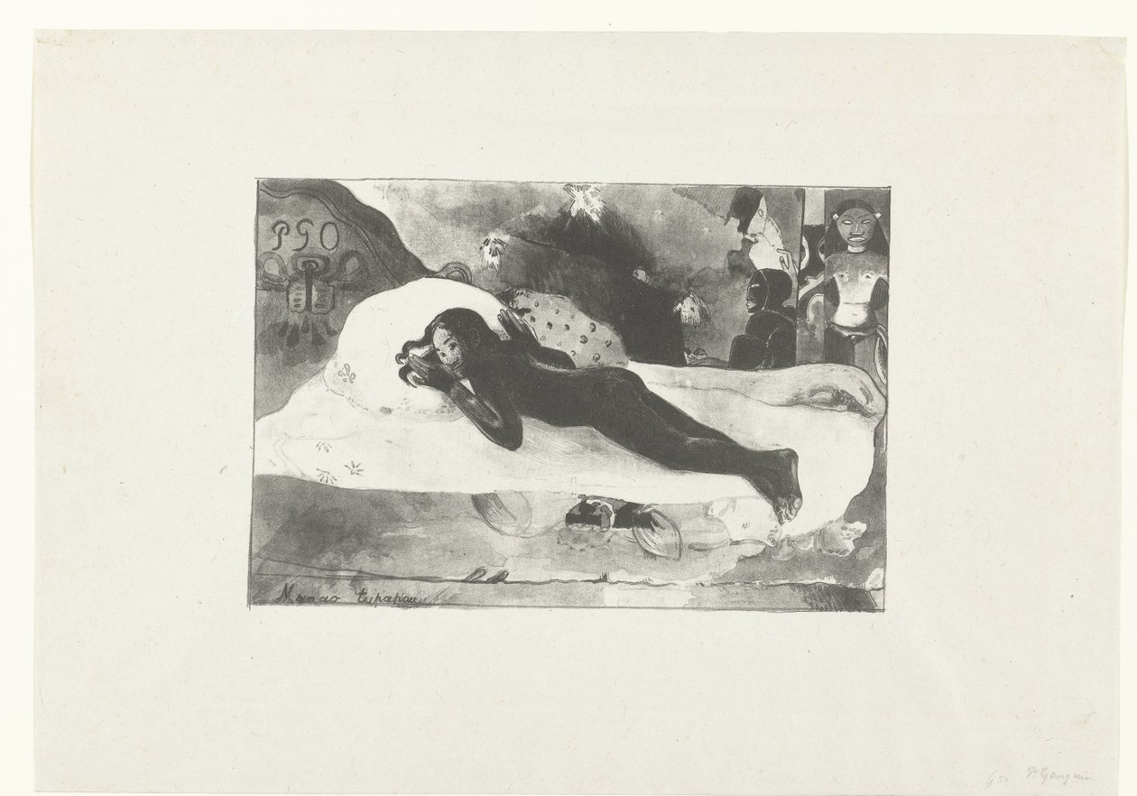 Fekvő lány és a halottak szellemei A halottak szellemei látják Manao tupapau (cím a tárgyon) alkotó: Paul Gauguin
