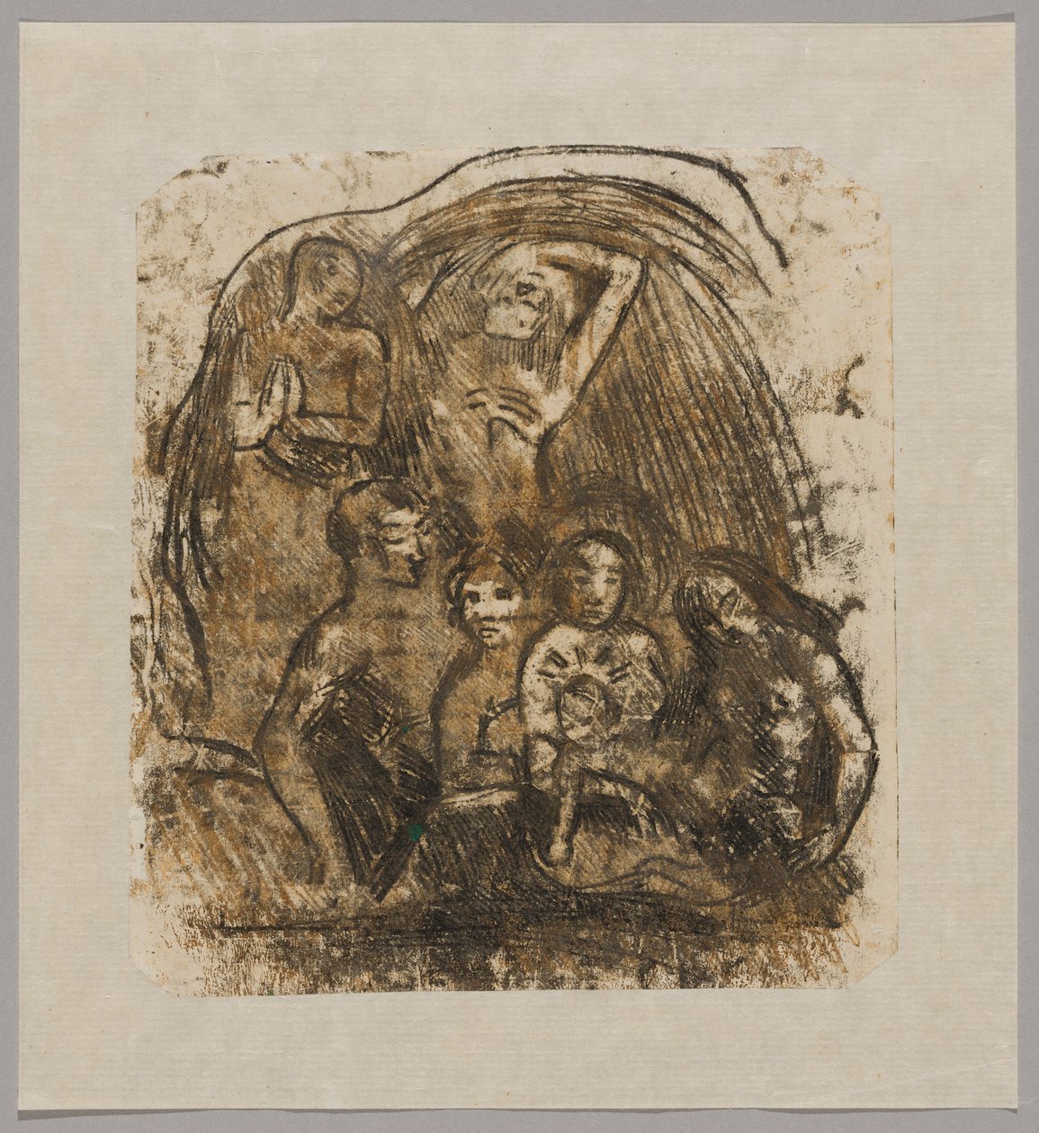Születés (Anya és gyermeke körülötte öt figura) alkotó: Paul Gauguin