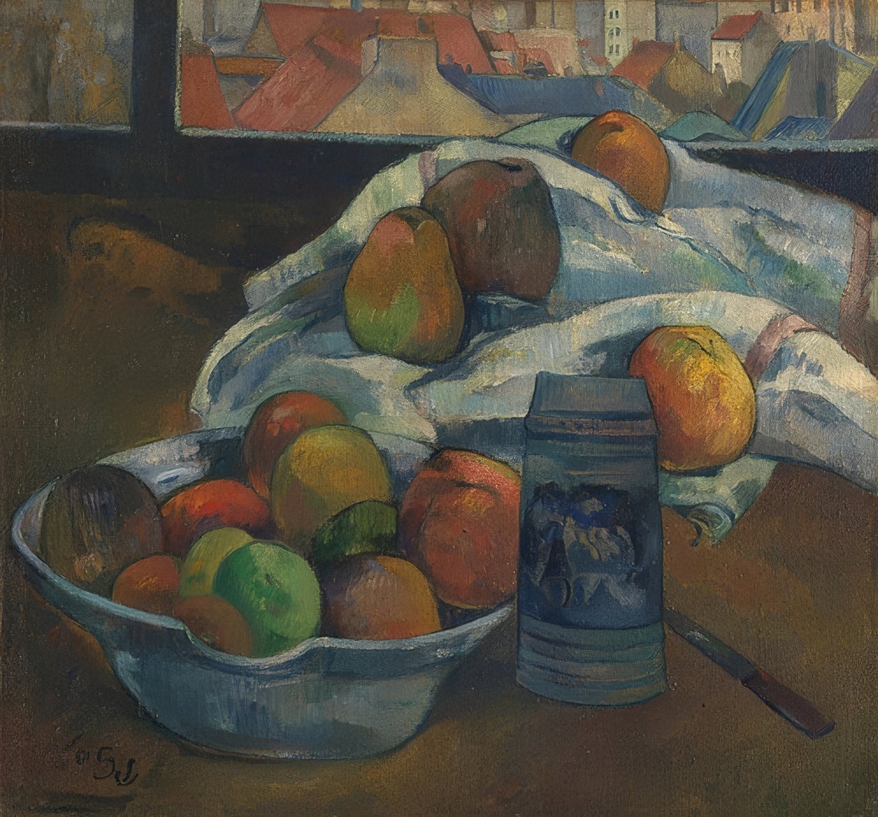 Gyümölcstál és kancsó az ablak előtt. Valószínűleg 1890 alkotó: Paul Gauguin