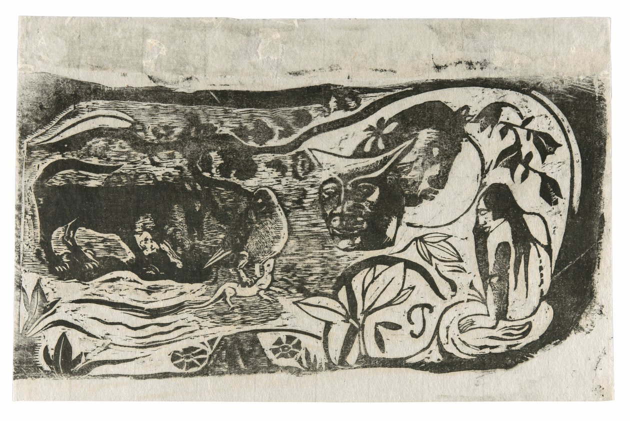 Tányér egy szarvas ördög fejével, a késői fatömbnyomatok szvitjéből alkotó: Paul Gauguin