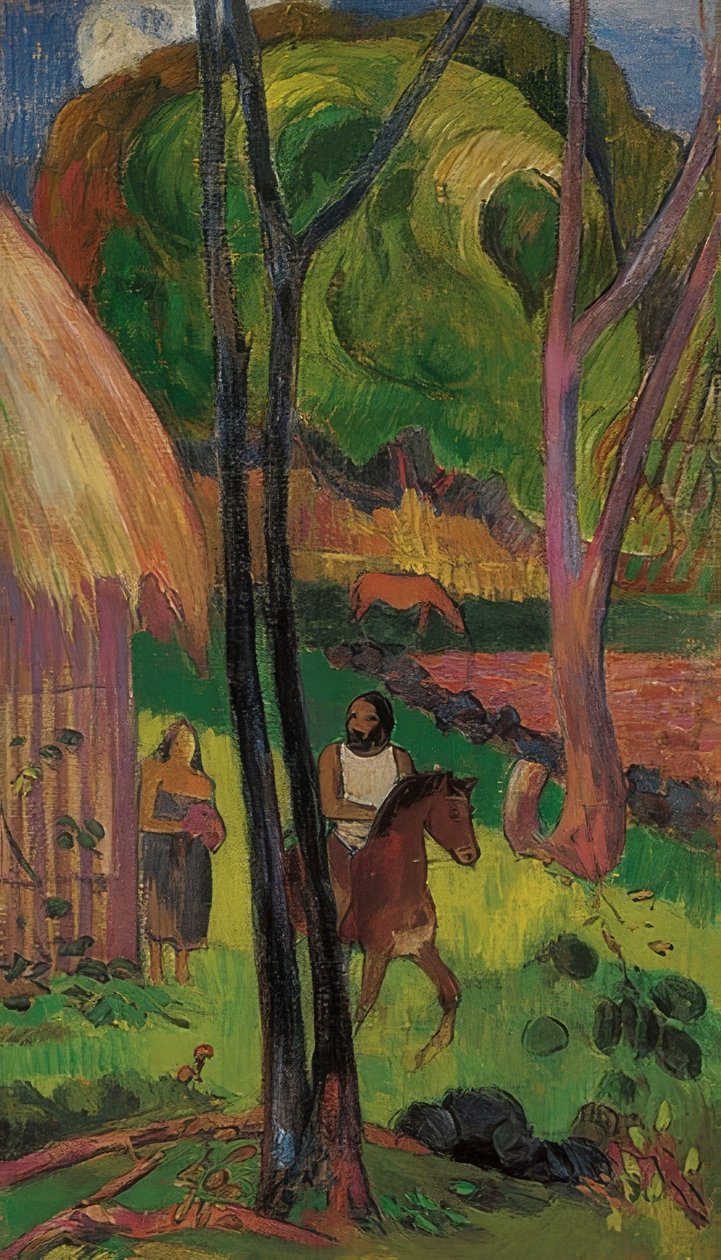 Lovasok a kunyhó előtt (Cavalier devant la case). 1902 alkotó: Paul Gauguin