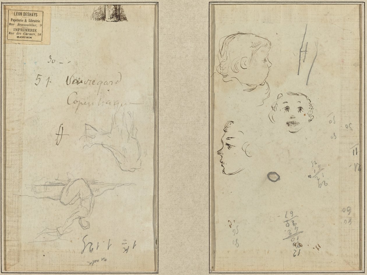 Ülő figura és tehén; Három tanulmány a gyermek fejéről alkotó: Paul Gauguin