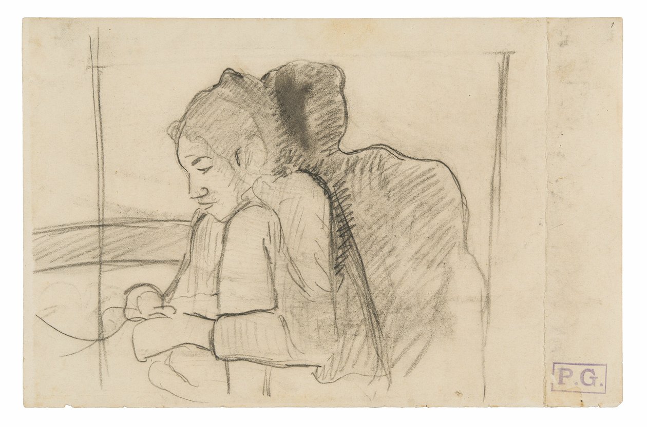Ülő tahiti nő (recto), Kakasok és csirkék vázlatai (fordítva) alkotó: Paul Gauguin