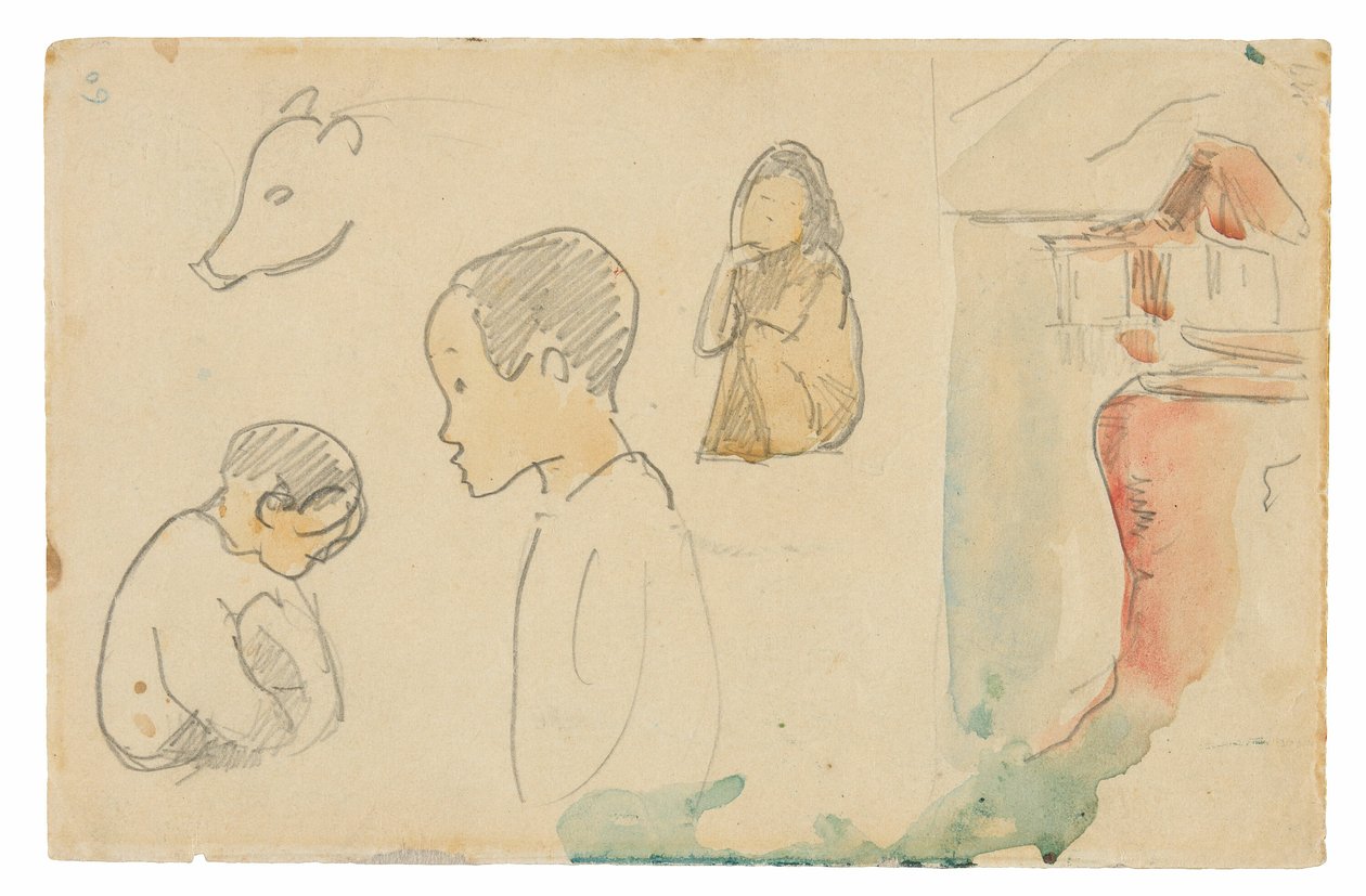 Vázlatok görnyedő és álló alakokról, egy malacról és egy kunyhóról a víz szélén alkotó: Paul Gauguin