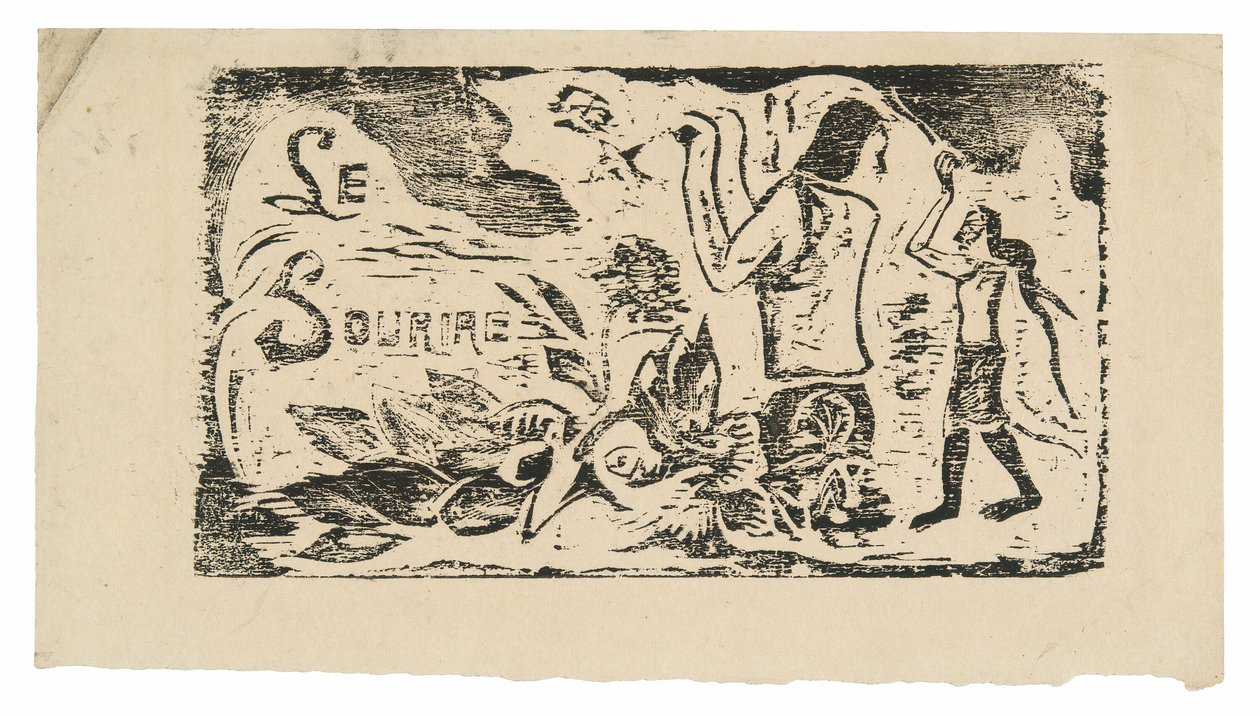 Tahitiak, virágok és levelek, a Le sourire fejfedője alkotó: Paul Gauguin