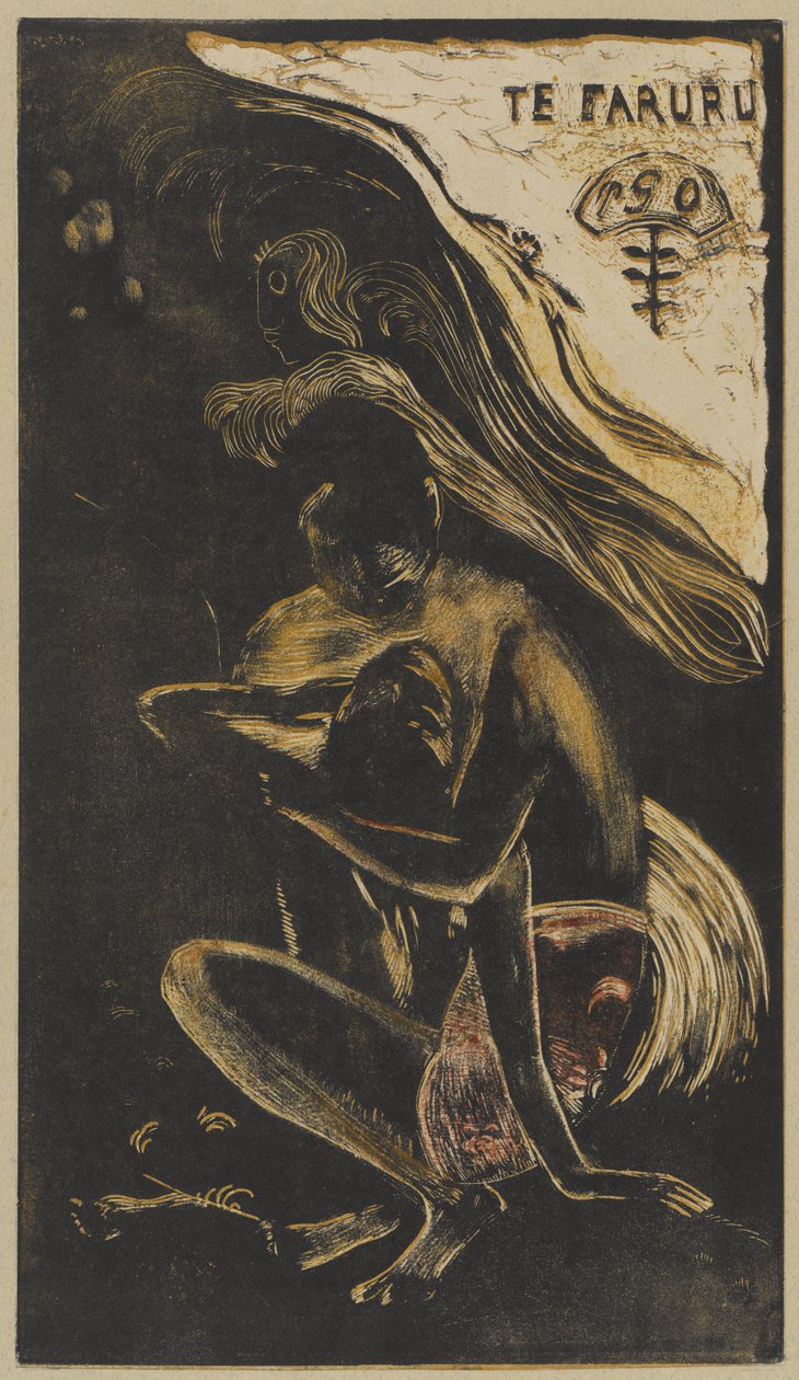 Te Faruru (Here We Make Love), 1893-94 tél (fekete, világosbarna, sárga és piros színű fametszet krémszínű vászonpapírra, bézs színű kartonra erősítve). alkotó: Paul Gauguin