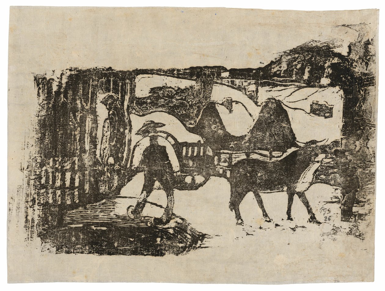 Az ökör szekér a késői fatömbnyomatok sorozatából alkotó: Paul Gauguin