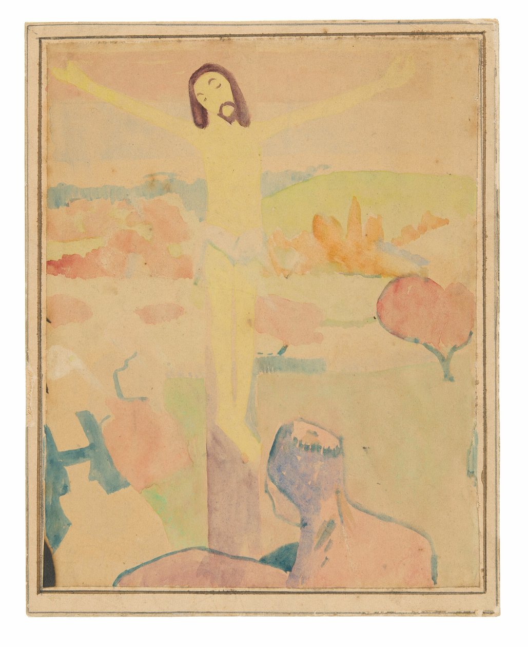A Sárga Krisztus (recto), Patakparton fürdőző nő alkotó: Paul Gauguin