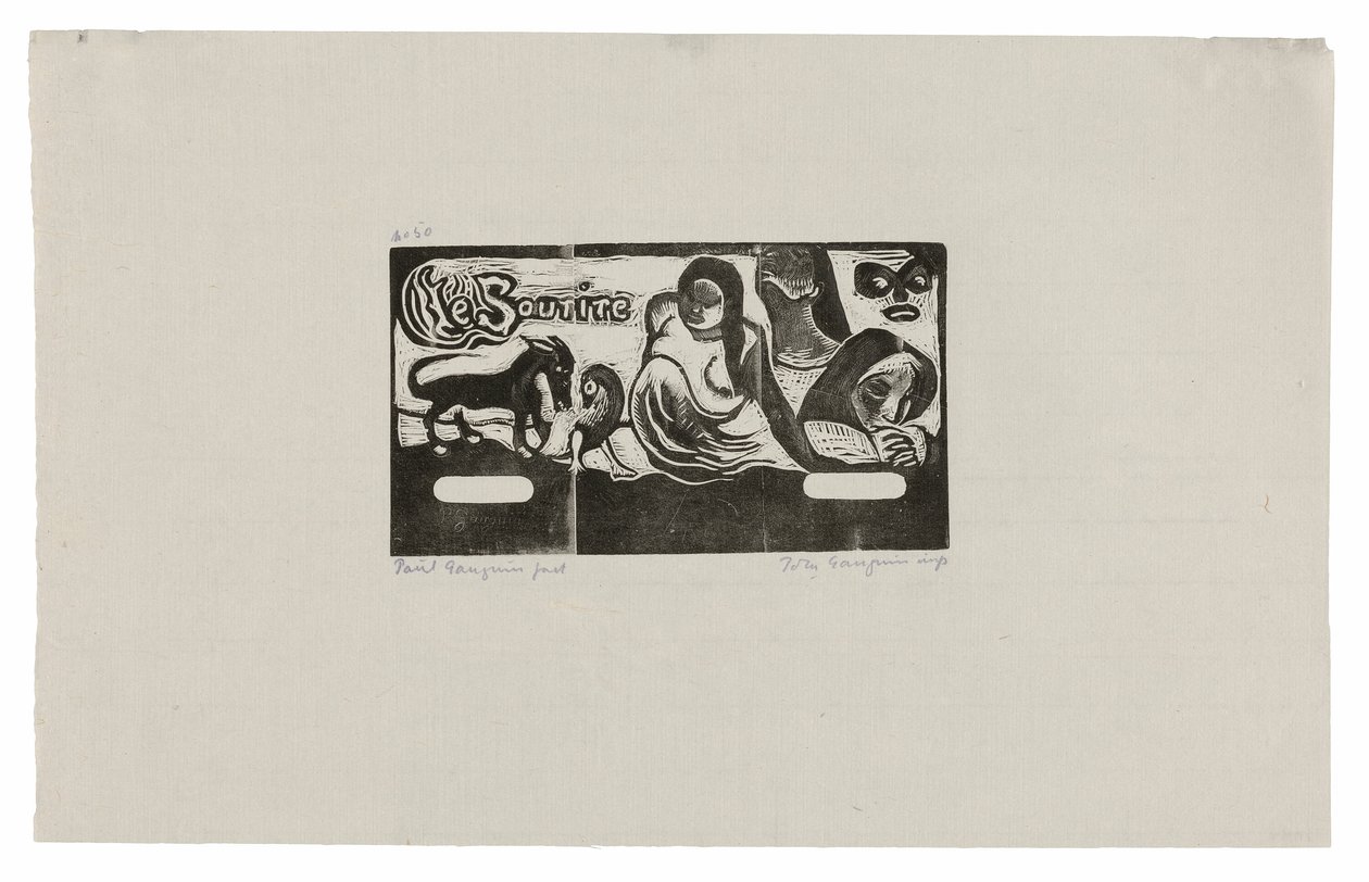 Három ember, egy maszk, egy róka és egy madár, a Le sourire fejdísz alkotó: Paul Gauguin