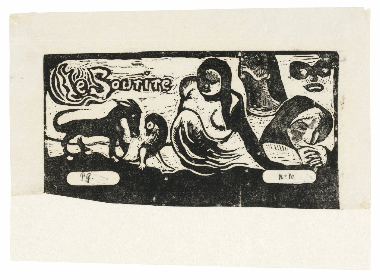Három ember, egy maszk, egy róka és egy madár, a Le sourire fejdísz alkotó: Paul Gauguin