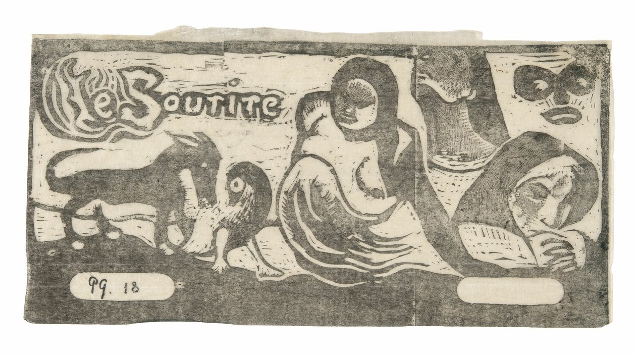 Három ember, egy maszk, egy róka és egy madár, a Le sourire fejdísz alkotó: Paul Gauguin