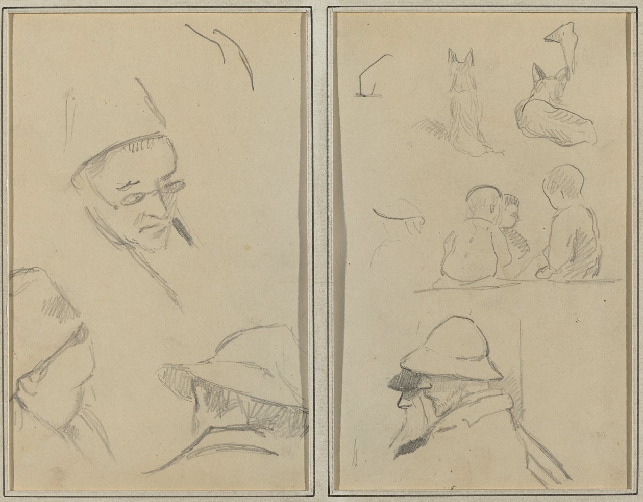 Három tanulmány a férfifejekről, egy szemüveggel; Kutyák, gyerekek és két szakállas férfi a profilban [verso] alkotó: Paul Gauguin