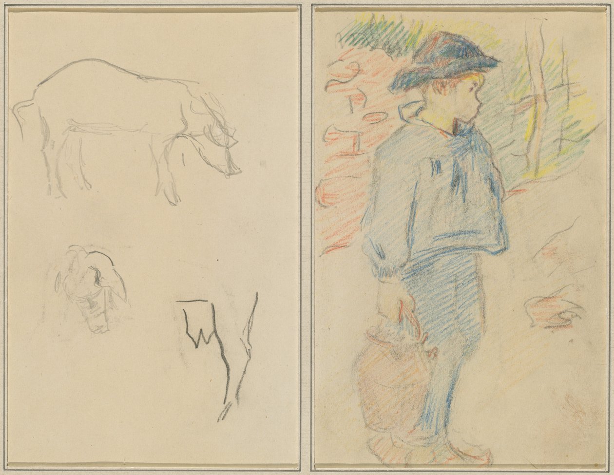 Három tanulmány egy sertésről; Breton fiú kancsóval sétál [recto] alkotó: Paul Gauguin