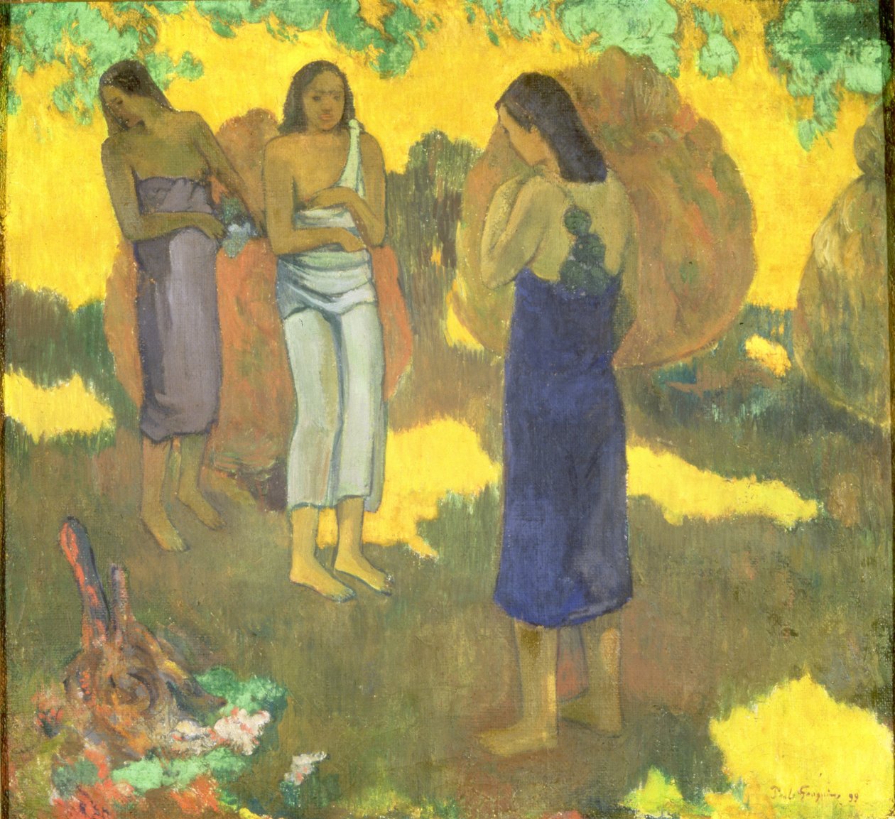 Három tahiti nő sárga háttéren alkotó: Paul Gauguin