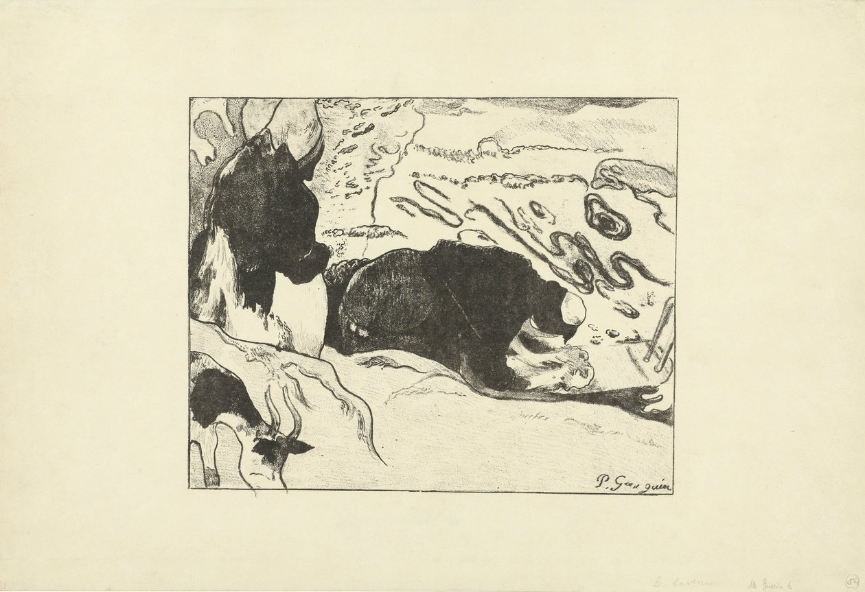 Két mosónő ruhát mos a víz közelében Les Lavandieres alkotó: Paul Gauguin