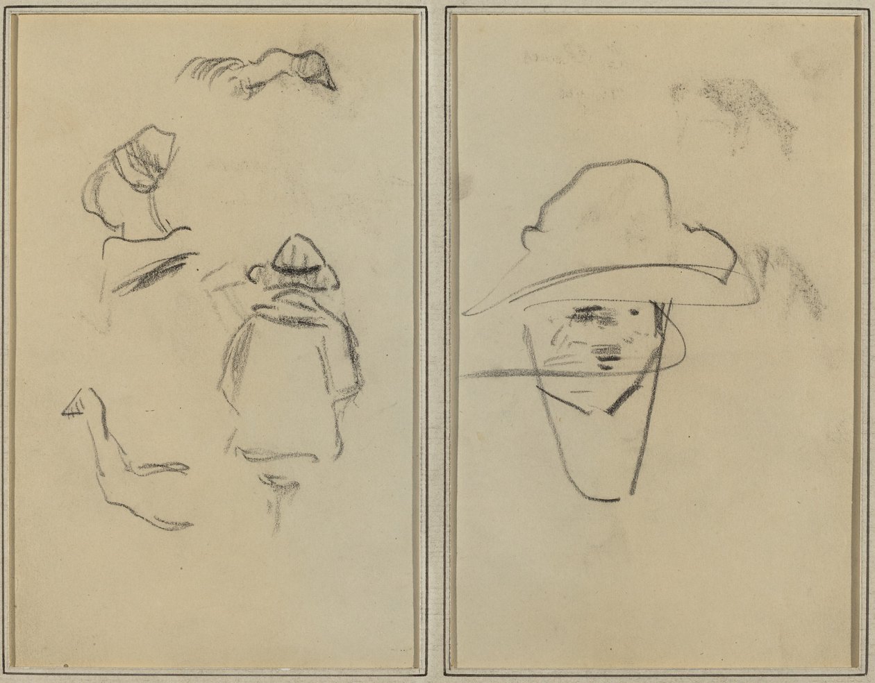 Két breton figura és tanulmányok két libáról; Kalapot viselő férfi [verso] alkotó: Paul Gauguin