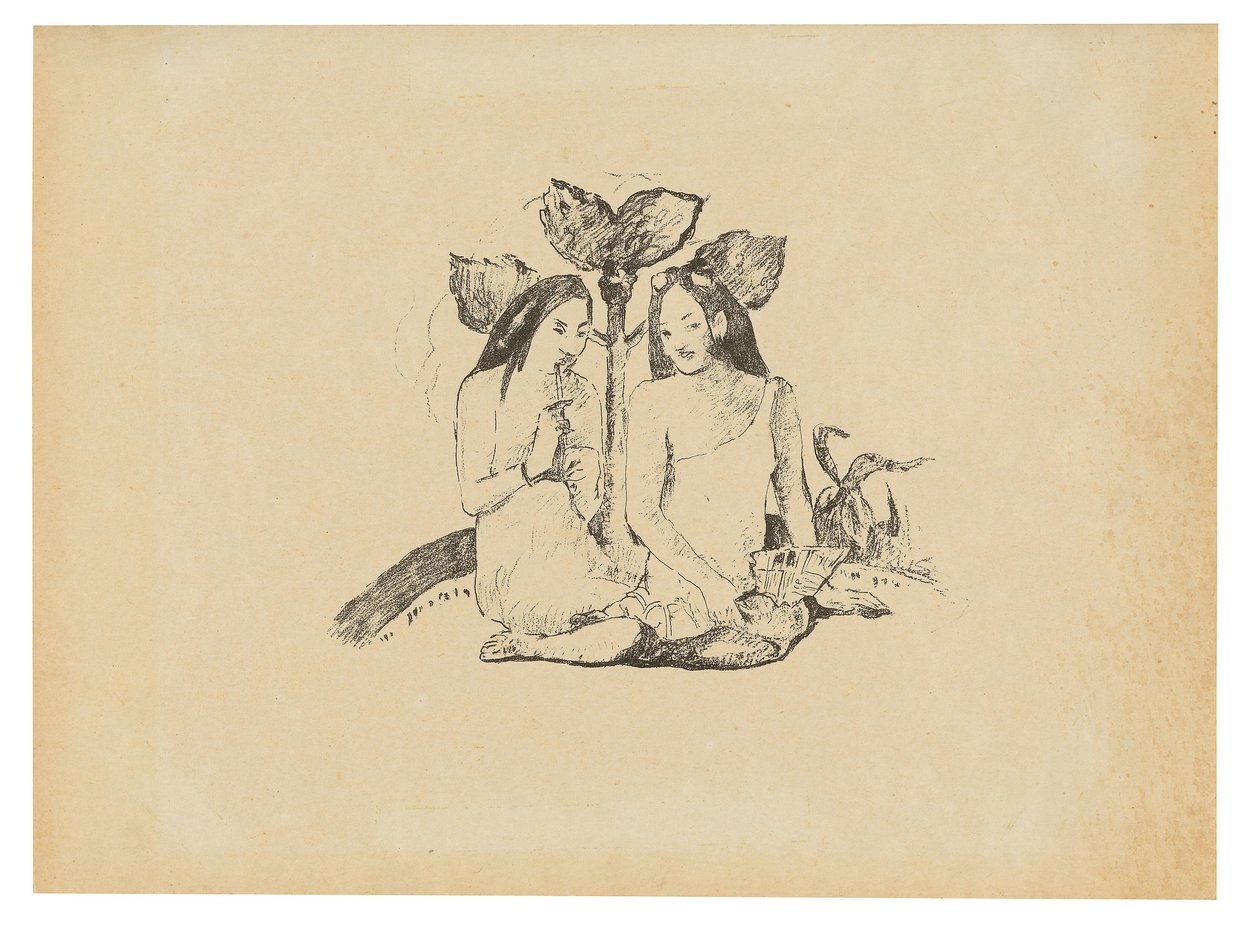 Két maori nő guggolva le alkotó: Paul Gauguin