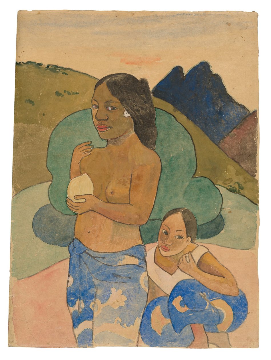 Két tahiti nő egy tájban, 1892 körül (akvarell és gouache) alkotó: Paul Gauguin