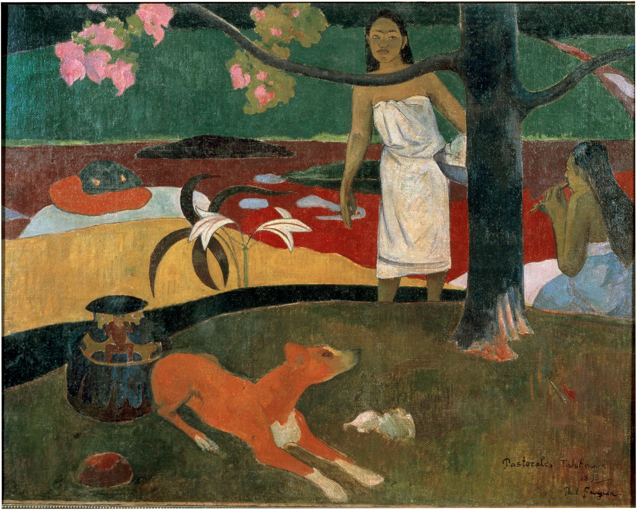 Két tahiti nő és egy kutya. (tahiti lelkipásztori). Paul Gauguin festménye (1848-1903) alkotó: Paul Gauguin