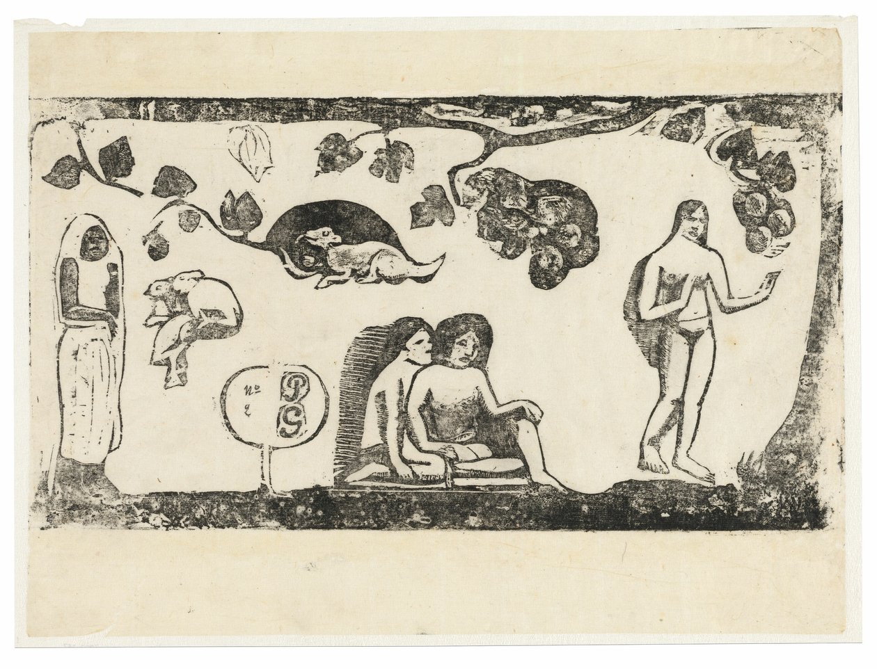 Nők, állatok és lombok, a késői fatömbnyomatok sorozatából alkotó: Paul Gauguin