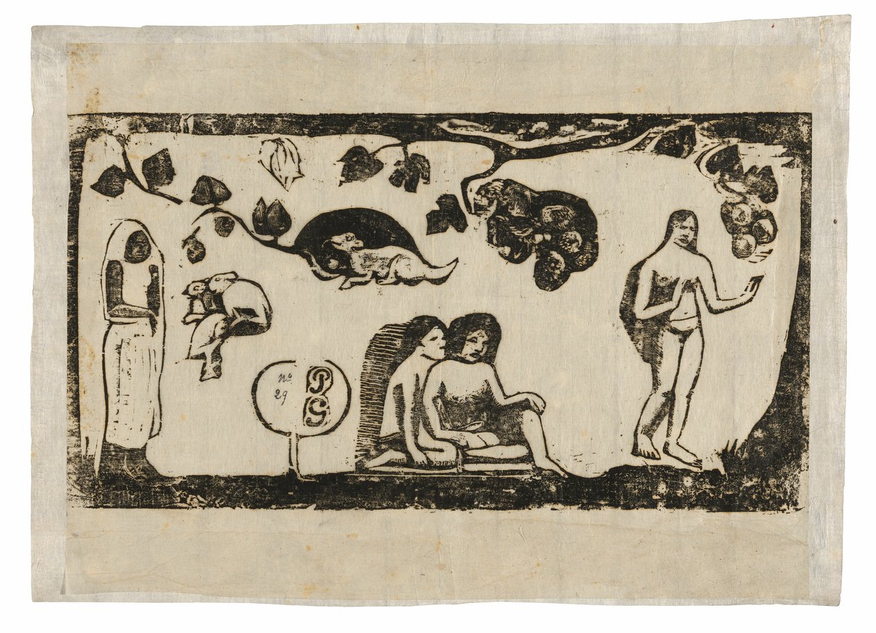 Nők, állatok és lombok, a késői fametszetnyomatok szvitjéből alkotó: Paul Gauguin