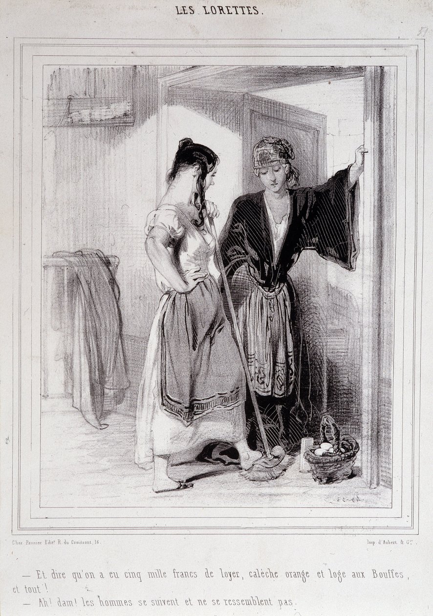 2 szegény nő beszélget a lépcsőn a férfiakról, „Les Lorettes”, Gavarni, c. 1840. alkotó: Paul Gavarni