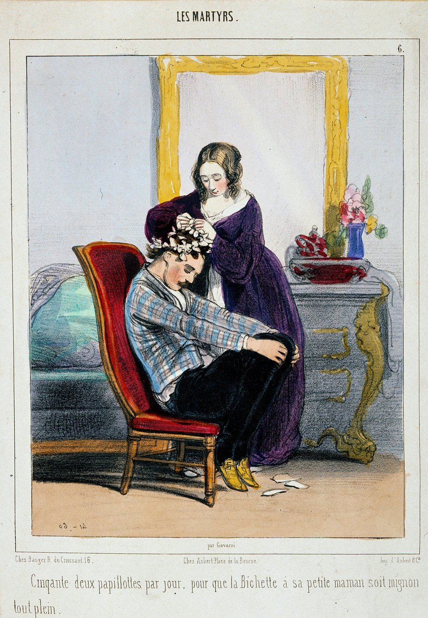Egy anya hajcsavarót rak a fiára. Paul Gavarni (1804-1866) rajzfilmje 19. századi Párizs, díszítőművészet alkotó: Paul Gavarni