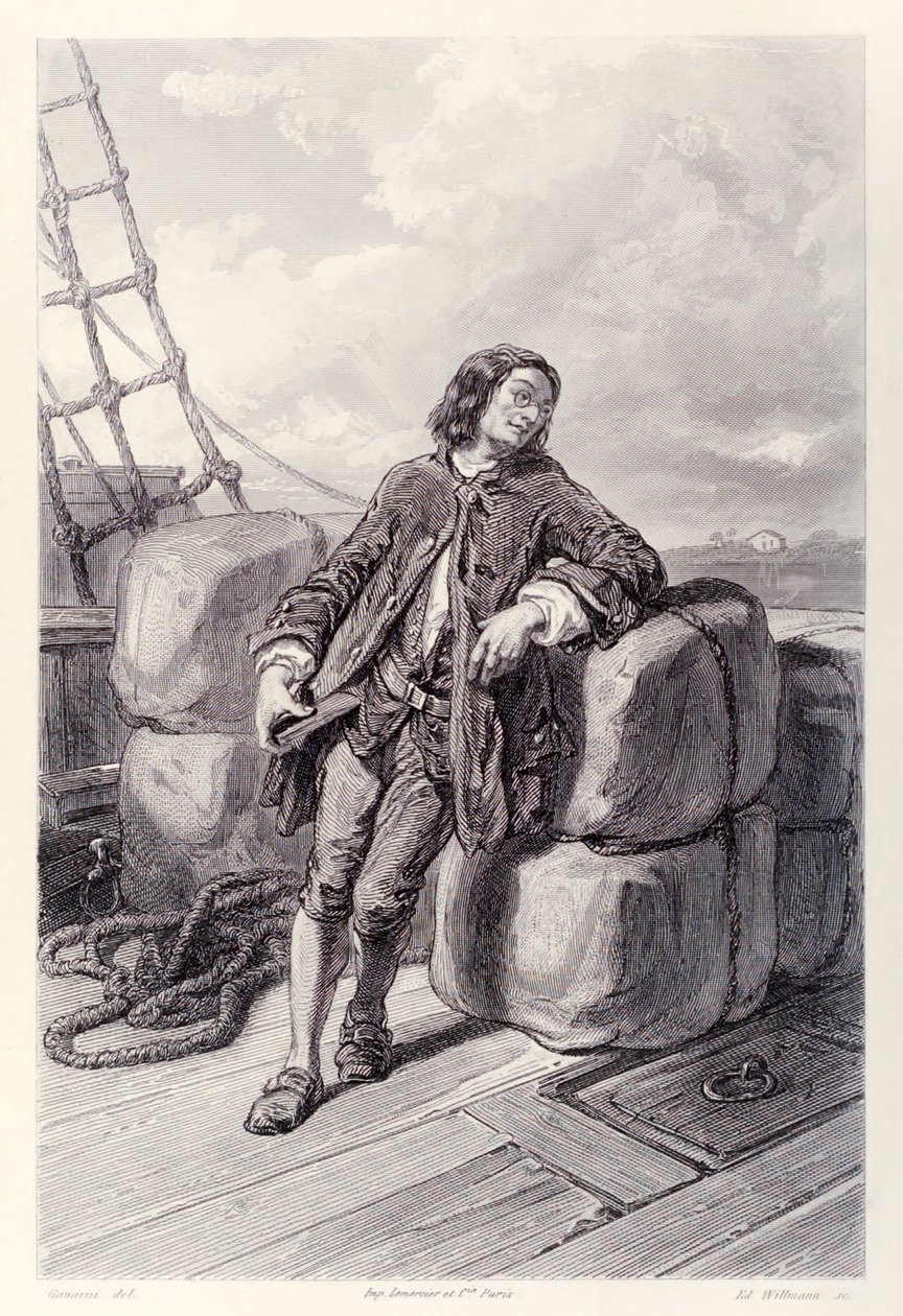 Lemuel Gulliver kapitány a tengeren a kereskedelmi hajóján, a Gullivers Travels francia kiadásából, Jonathan Swifttől alkotó: Paul Gavarni