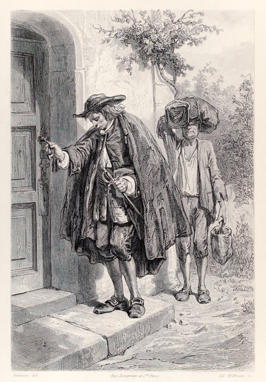 Gulliver délután háromkor érkezik haza, és belép a házba, a Gullivers Travels francia kiadásából, Jonathan Swifttől alkotó: Paul Gavarni