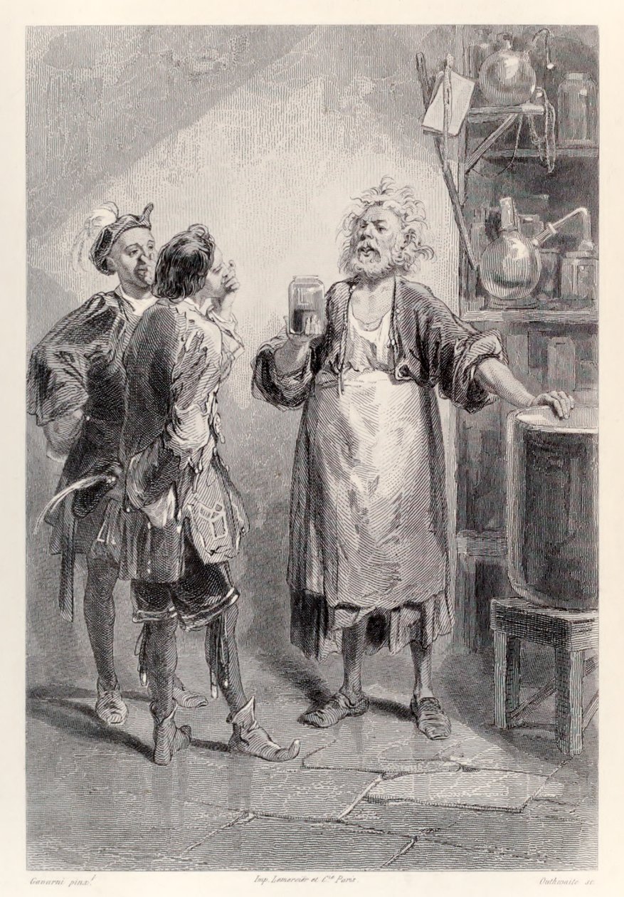 Gulliver belép a lagadói akadémia egyik szobájába, tele visszataszító szaggal, a Gullivers Travels francia kiadásából, Jonathan Swifttől alkotó: Paul Gavarni
