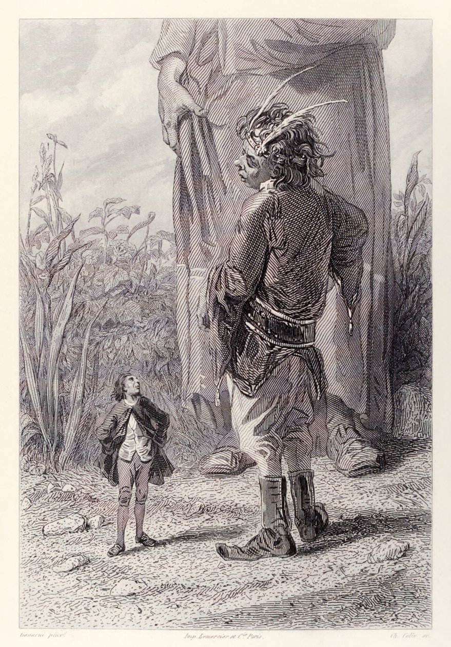 Gulliver találkozik a Queens 30 láb magas törpével, aki örül, hogy valaki nála kisebbet is kínozhat a bíróságon – a Gullivers Travels francia kiadásából, Jonathan Swifttől alkotó: Paul Gavarni