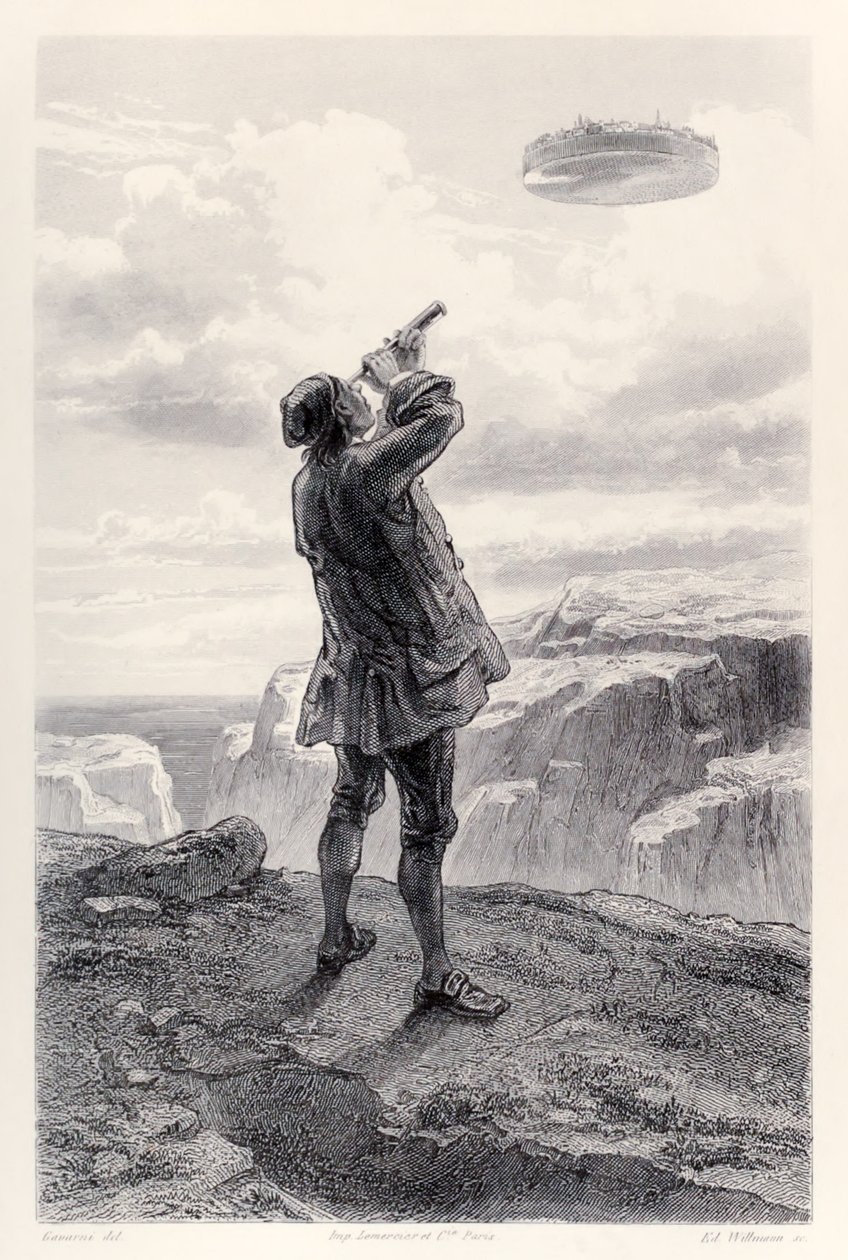 Gulliver először látja a repülő Laputa szigetet, és távcsövén keresztül vizsgálja meg, Jonathan Swift Gullivers Travels francia kiadásából. alkotó: Paul Gavarni