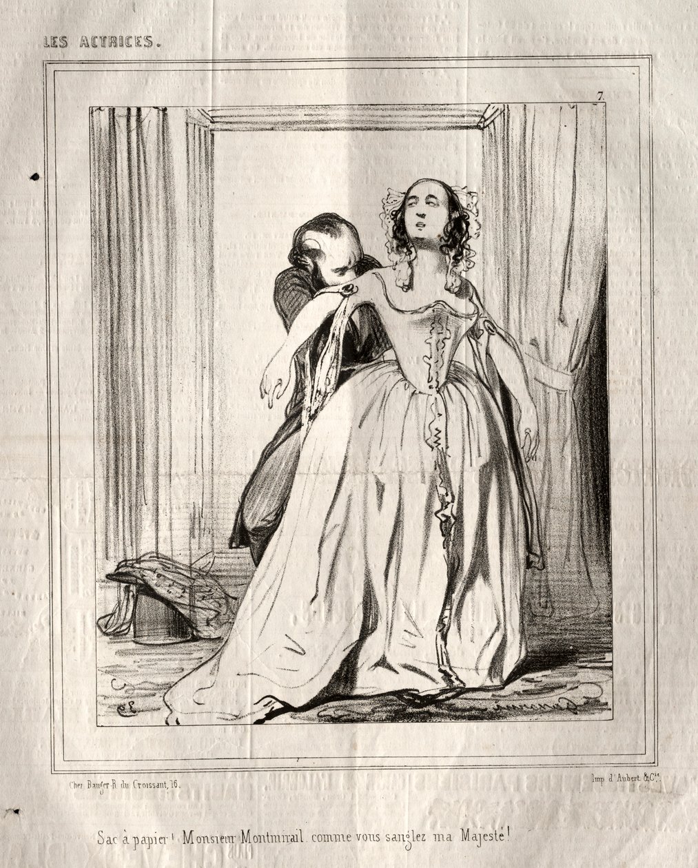 A színésznők: Papírzacskó! Monsieur Montmirail, hogy szíjazza felségem!, 1843. alkotó: Paul Gavarni