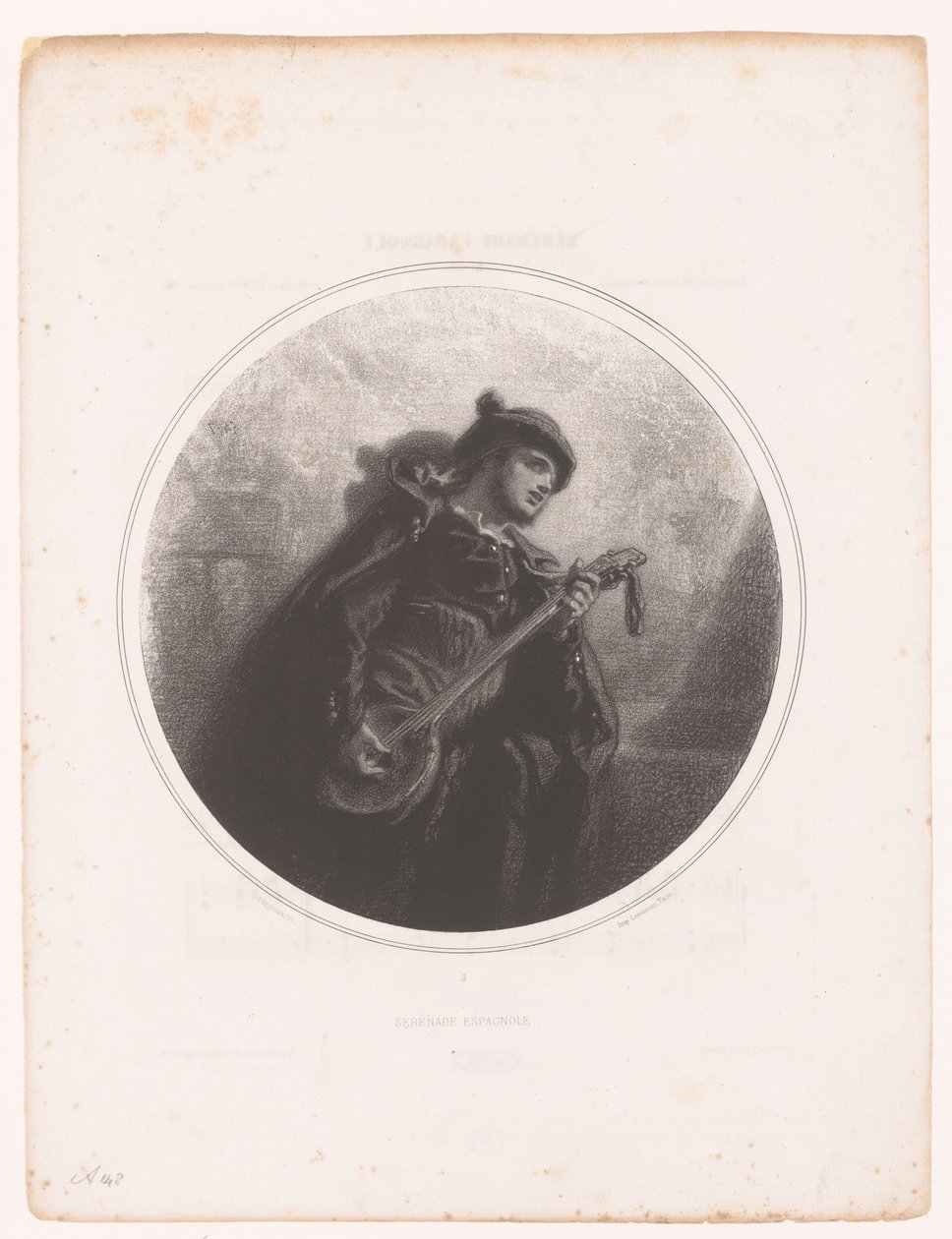 Egy bendzsós férfi énekel és szerenádot játszik Sérénade espagnole (cím a tárgyon) Illusztrációk Jeanne Gavarni dalaihoz (sorozat címe) Illustrations des Mélodies de Madame Jeanne Gavarni (sorozat címe) alkotó: Paul Gavarni