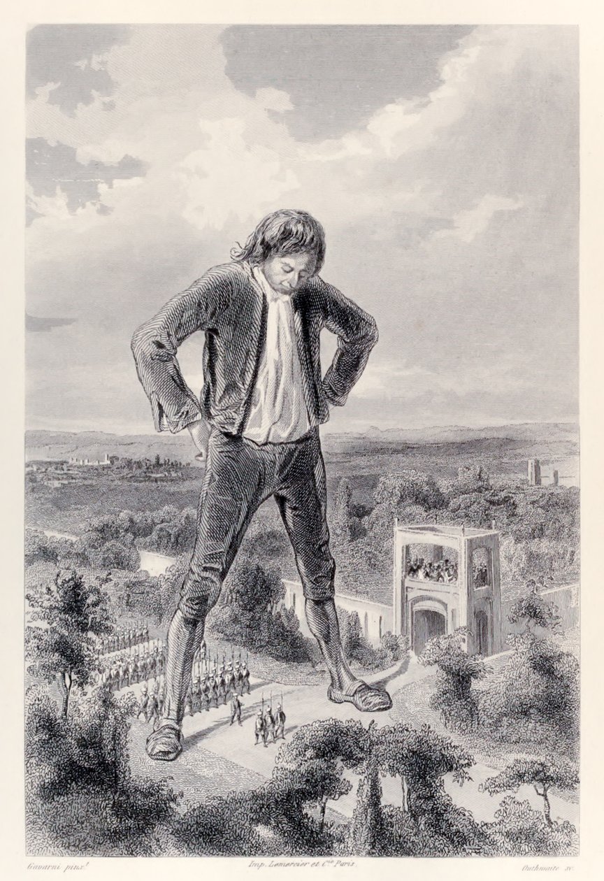 A liliputi hadsereg Gulliver lábai között vonul, a Gullivers Travels francia kiadásából, Jonathan Swifttől alkotó: Paul Gavarni