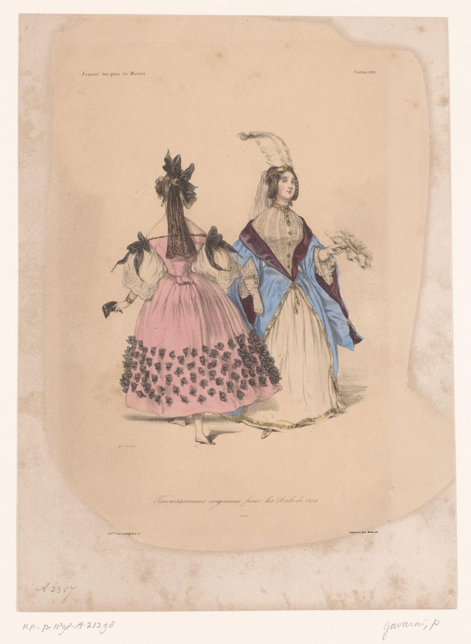 Két nő bálruhában Transvestissemens originaux pour les Bals de 1834 (cím a tárgyon) Ötletes ruházat (sorozat címe) Fantáziák (sorozat címe a tárgyon) alkotó: Paul Gavarni