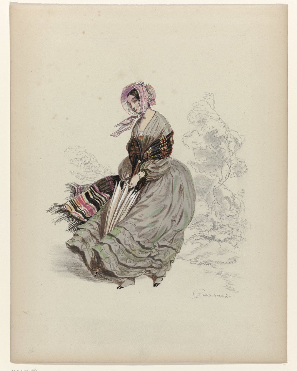 A szélben sétáló nő napernyővel, 1840 alkotó: Paul Gavarni