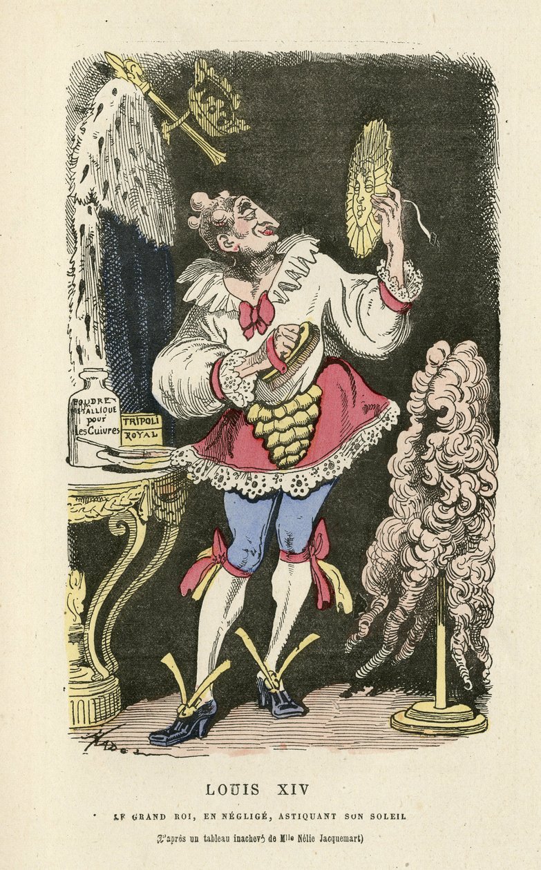 Hadol (1835-1875) illusztrációja a Histoire de France tintamarresque-ben, kb. 1880 - Smink, Régi rezsim, Nap, Paróka - XIV. Lajos alkotó: Paul Hadol