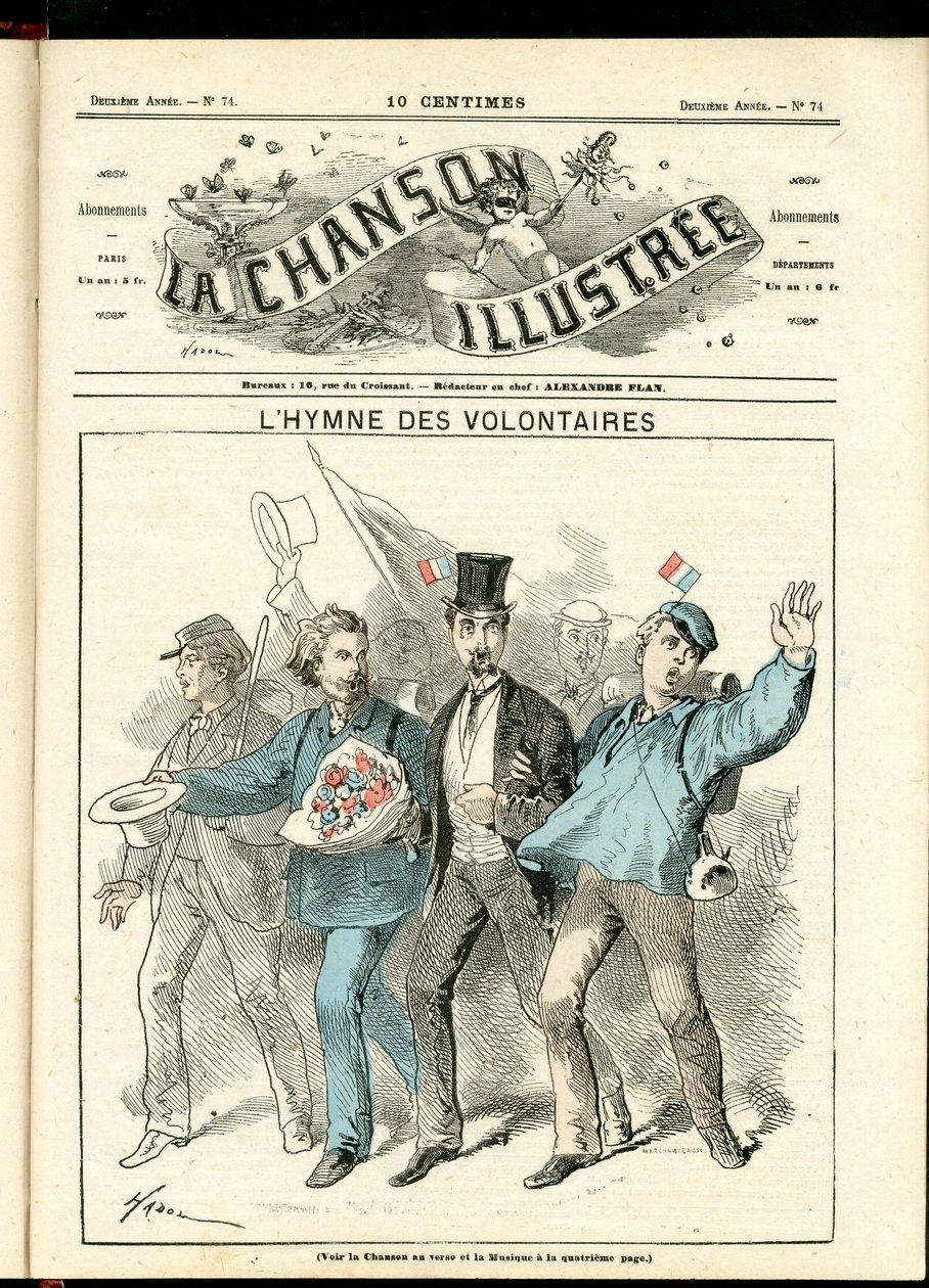 La Chanson illustrée (magazin), 74. szám, Színes szatirikus, 1870 körül: Az önkéntesek himnusza - Háború 1870-1871, Patriotizmus - Illusztráció: Hadol (1835-1875) alkotó: Paul Hadol