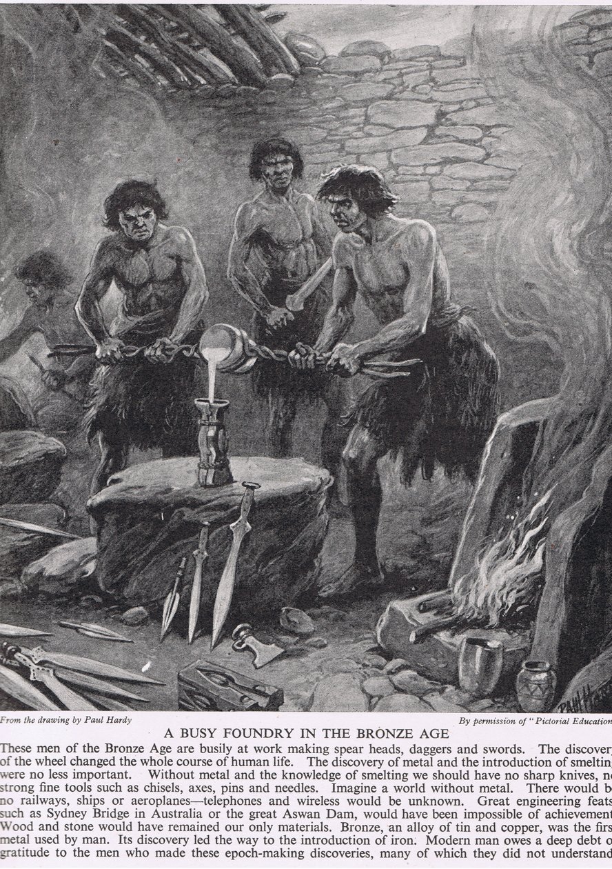 Egy forgalmas öntöde a bronzkorban, illusztráció a "The Story of the British People"-ből, 1950 körül alkotó: Paul Hardy
